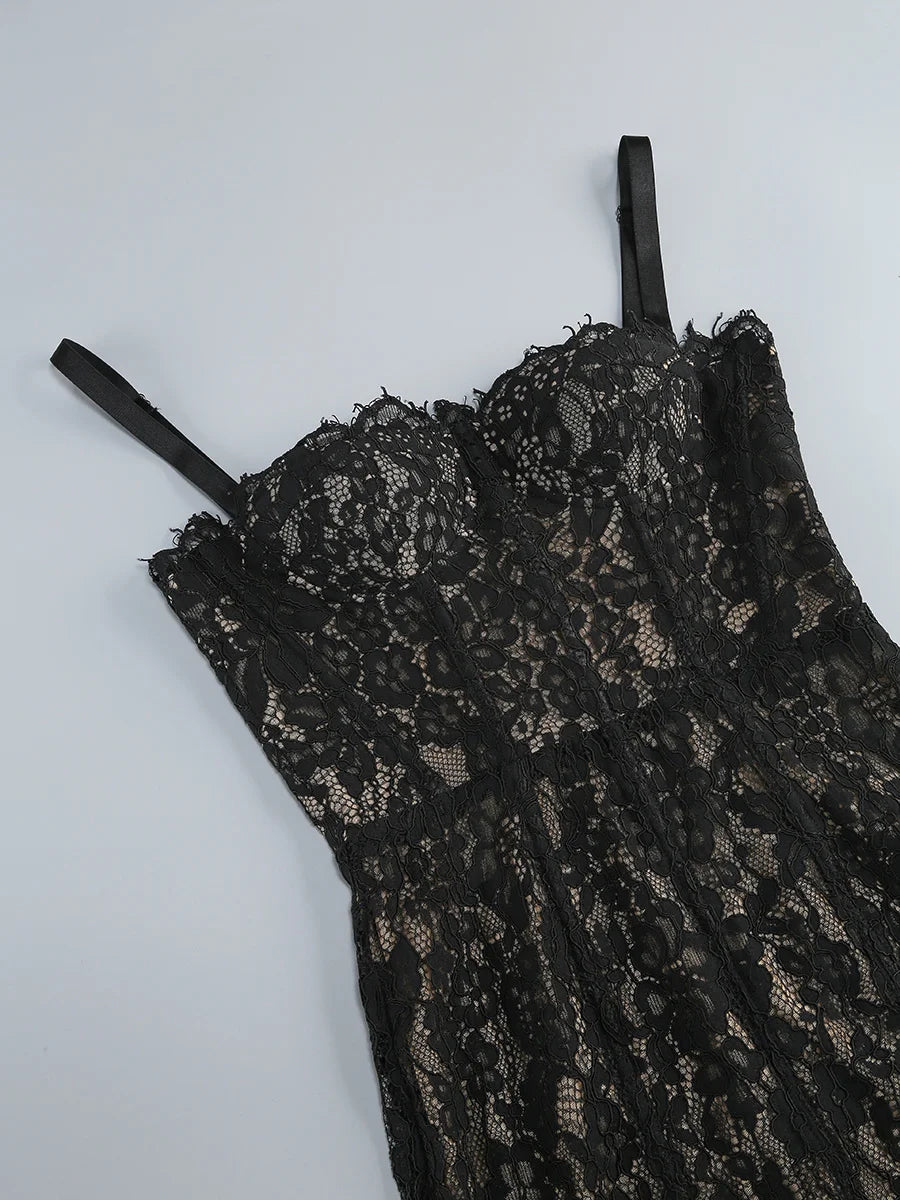 2025 Sexy See Through Lace Spaghetti Sleeveless Bodycon Long Dress Elegant Woman Party Vestido Celebrity Evening Party Outfit - Shellss
