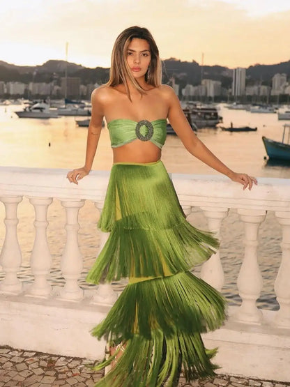 Layered Green silk Fringe