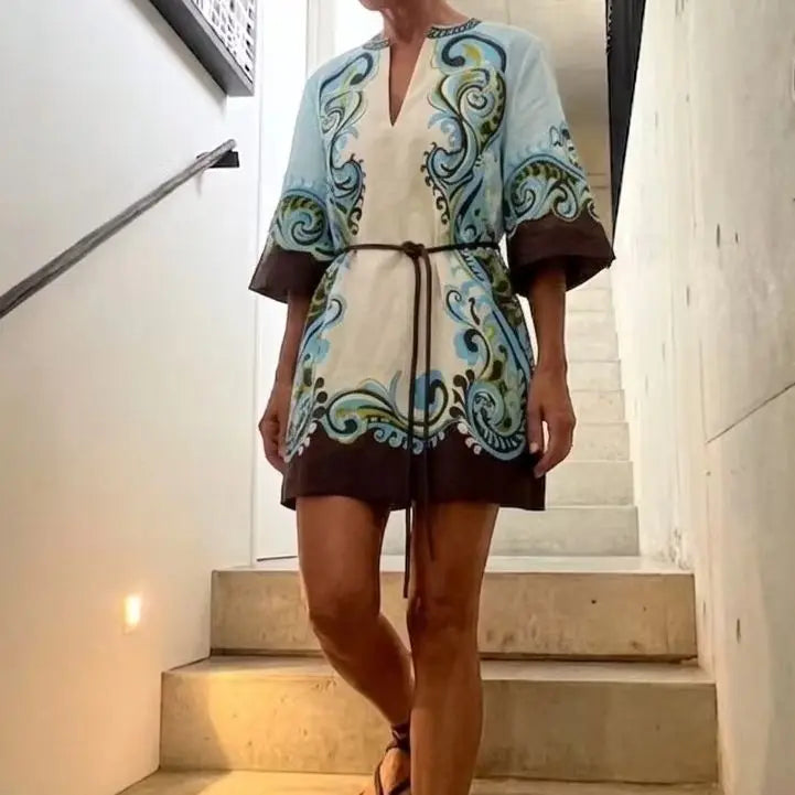 Linen Women Printed Mini Robe V-neck Short Sleeve Waist Rope Tie Loose Dress