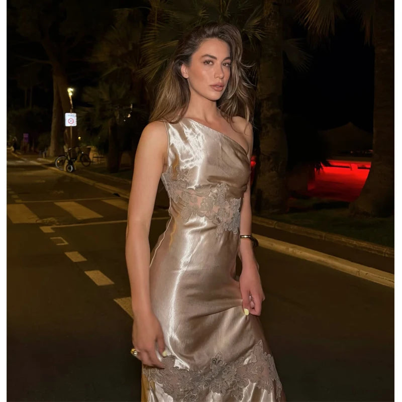 MUJER Satin Lace Midi Dress Women Asymmetric Long Dresses for Women Summer Backless Women's Dresses off Shoulder Dress Woman