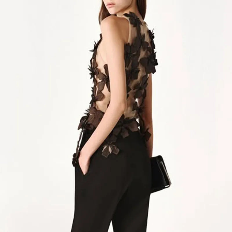 Sheer black flowers Mesh Top