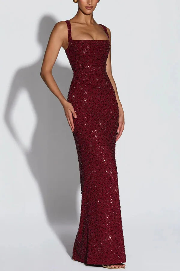 Women European American Sequin Cami Dress Sleeveless Tie Slim Fit Cocktail Party Evening Gown