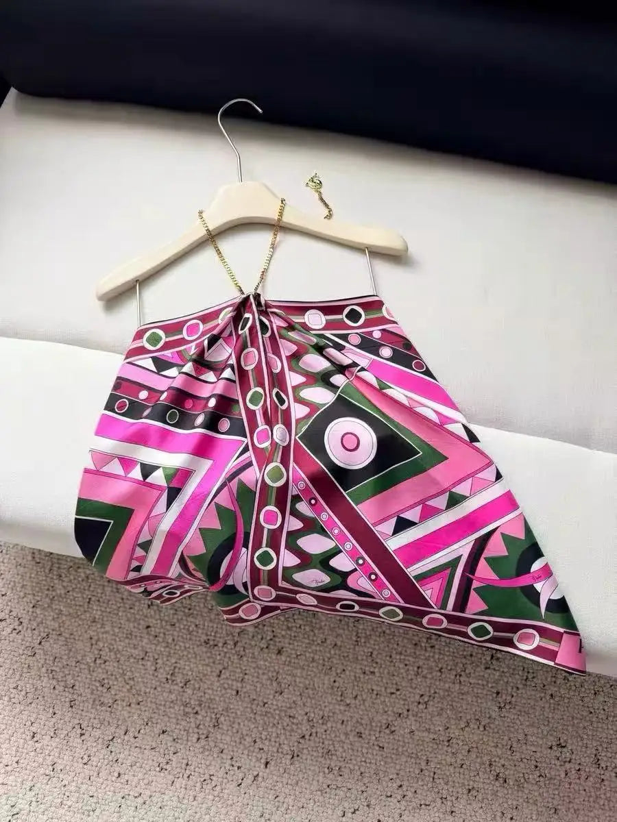 VGH Daily Street Style Blue Print Halter Satin Tank Tops for Women Sleeveless Asymmetrical Hem Design Vest for Beach Vacation