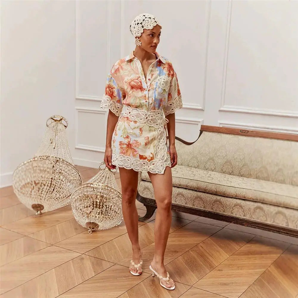 VACAY 2026 Women's Floral Lace Shirt Short Skirt Set Casual Three-Piece Suit European Style Three-Quarter Sleeve Plant Floral... - Shellss