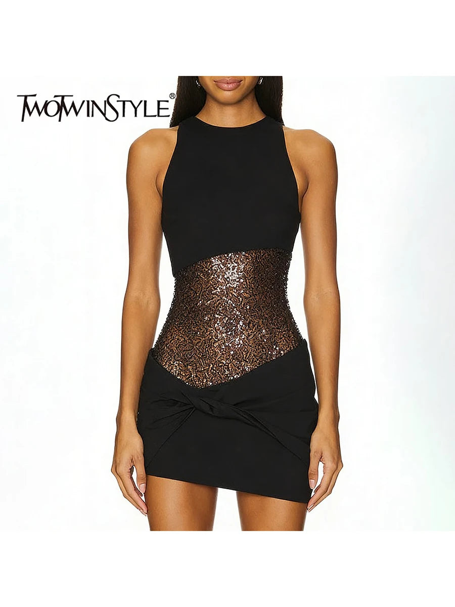 TWOTWINSTYLE Solid Slimming Sheer Spliced Folds Mini Dresses for Women Round Neck Sleeveless Fashion Dress Female Clothing New