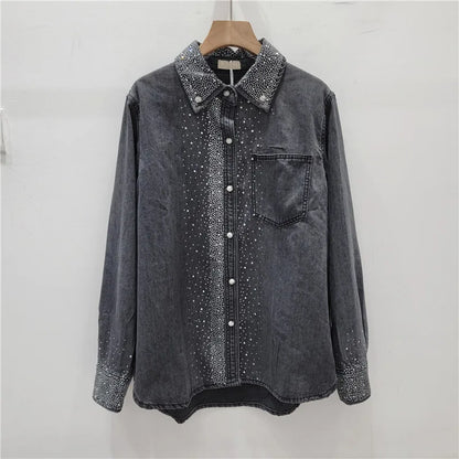 Women Hot Drilling Diamonds Beaded Denim Shirts Spring Sequined Rhinestones Jeans Blouses Jacket Long Sleeved Cardigan Tops 2024