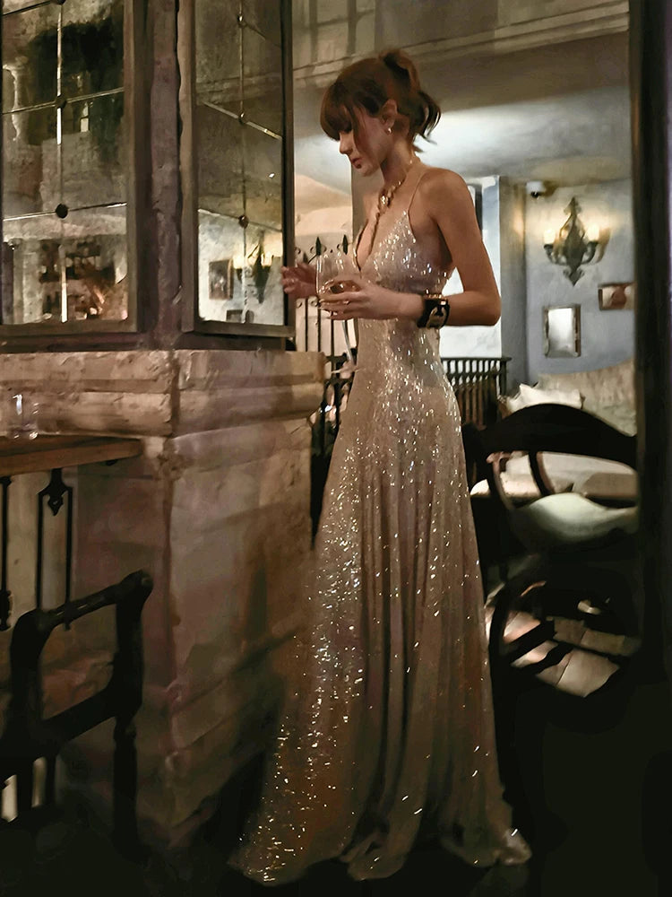 REDDACHiC Sequined Glitter Party Gown Split Plung V-Neck Laced Backless Maxi Long Dress Evening Homecoming Sexy Woman Clothing