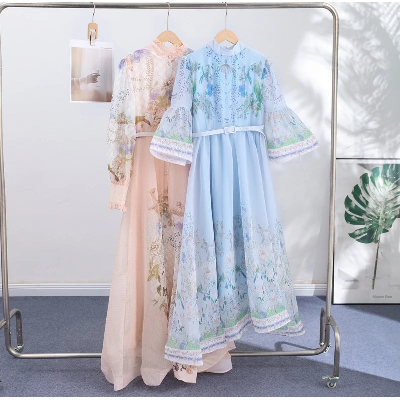 Floral Print Women Dress Button Down Mock Neck Maxi Dresses Long Lantern Sleeve A-Line Waist Belt Flared Hem Elegant Streetwear - Shellss