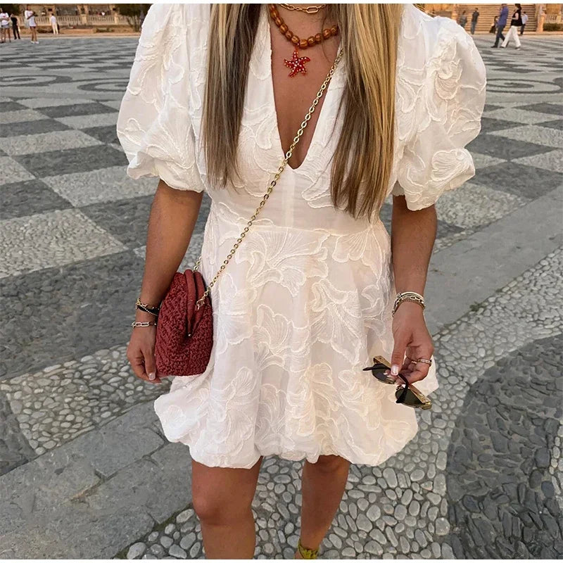 Embroidered Fluffy Short Puff Sleeve Dress Women