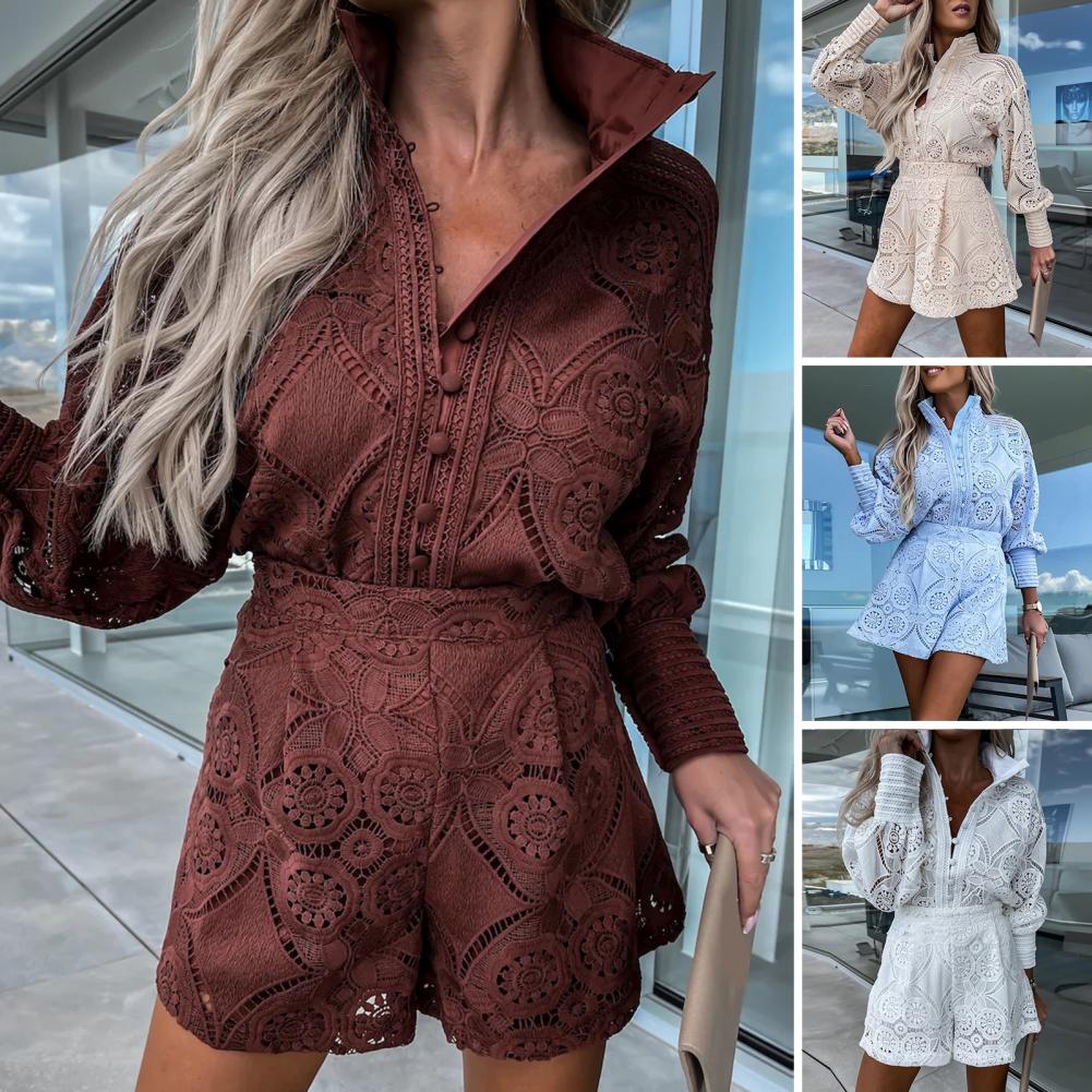 Elegant Lace Embroidered Blouse & Wide-Leg Shorts Set - Shellss