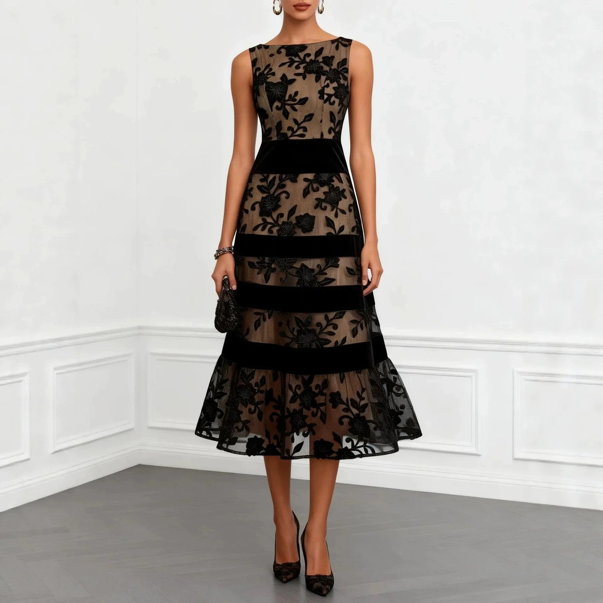 2026 Black Mesh Maxi Dress Women Sleeveless Flocking Jacquard Splicing Slim Dress Y2K Slim Fits High Waist Dress Vestidos