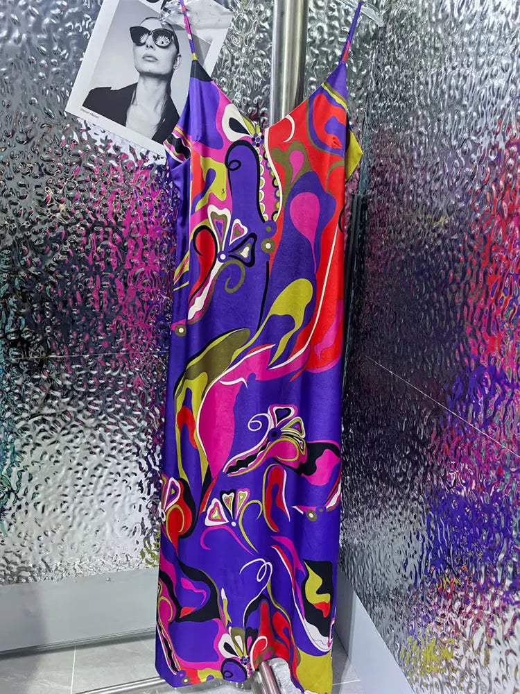 Sexy Summer Women's New Satin Elegant Dress V-Neck Thin Shoulder Strap Geometric Printing Suspenders Elegant Party Holiday Dress