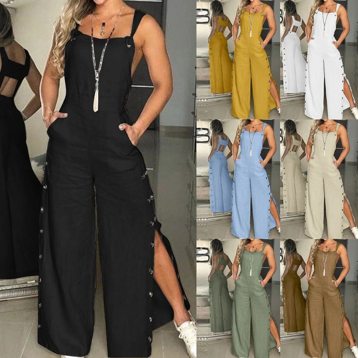 Summer Jumpsuit Wide Leg Button