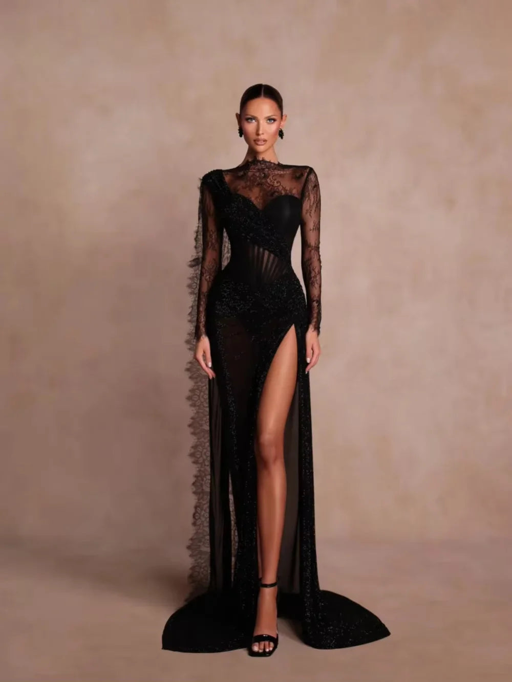 Danni Customized 2026 Black Prom Dress Sheer Lace Long Sleeve Formal Evening Gown Vestidos De Noche Floor Length Party Dress - Shellss