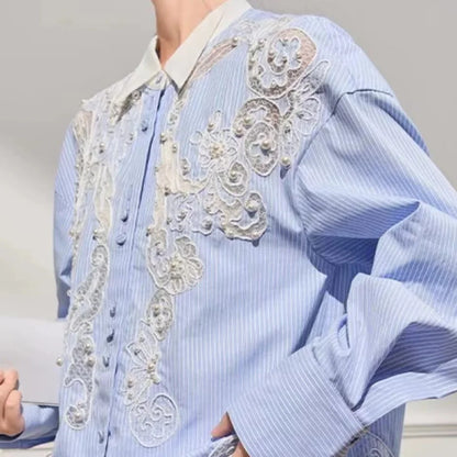 Pearls Beaded Lace Embroidery Blue Shirt