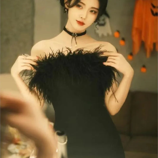 Feather Tube Top Female Birthday Adult Light Luxury Minority Black Dress