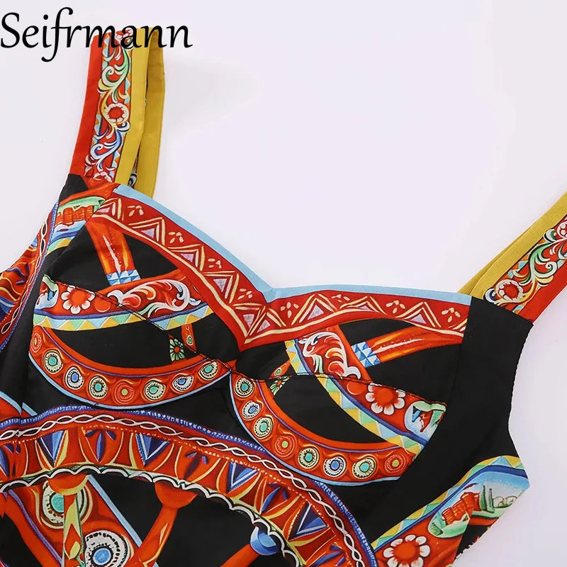 Seifrmann Casual printed cotton suspender dress square neck sleeveless waist long dress 026 autumn women's new style - Shellss