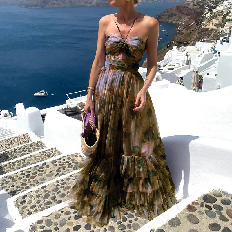 Long chiffon ruffle dress