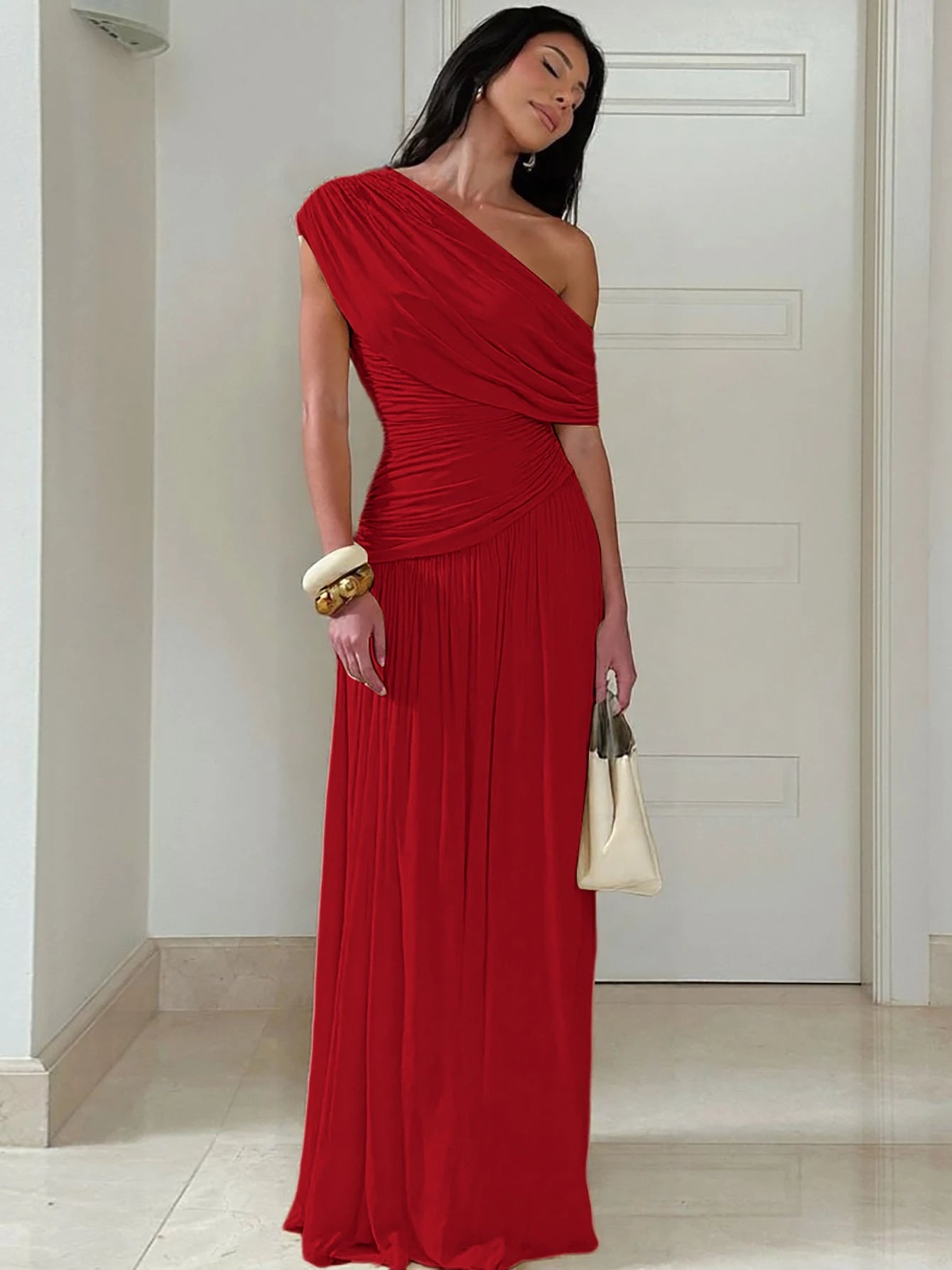 Hugcitar One Shoulder Ruched Sleeveless Solid Pleated Sexy Irregular Y2K Maxi Dress Summer Elegant Party Women Clothes Vacation - Shellss