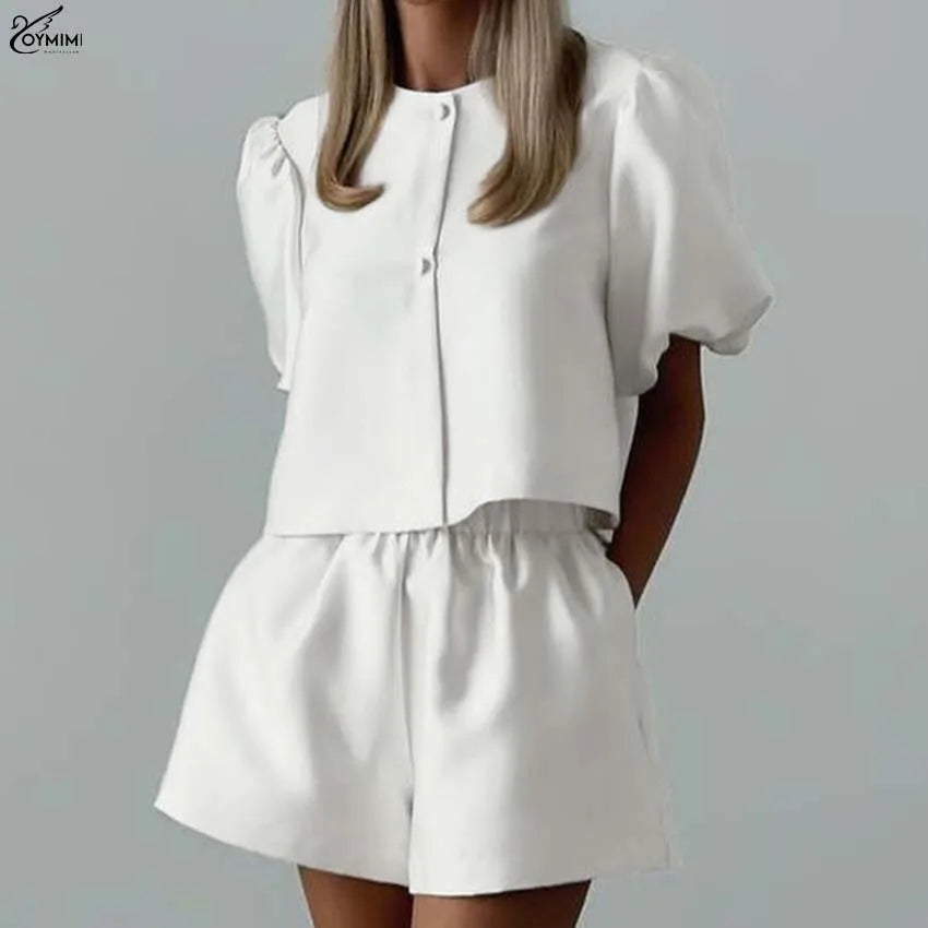 White Satin 2 Piece Sets Puff Sleeve
