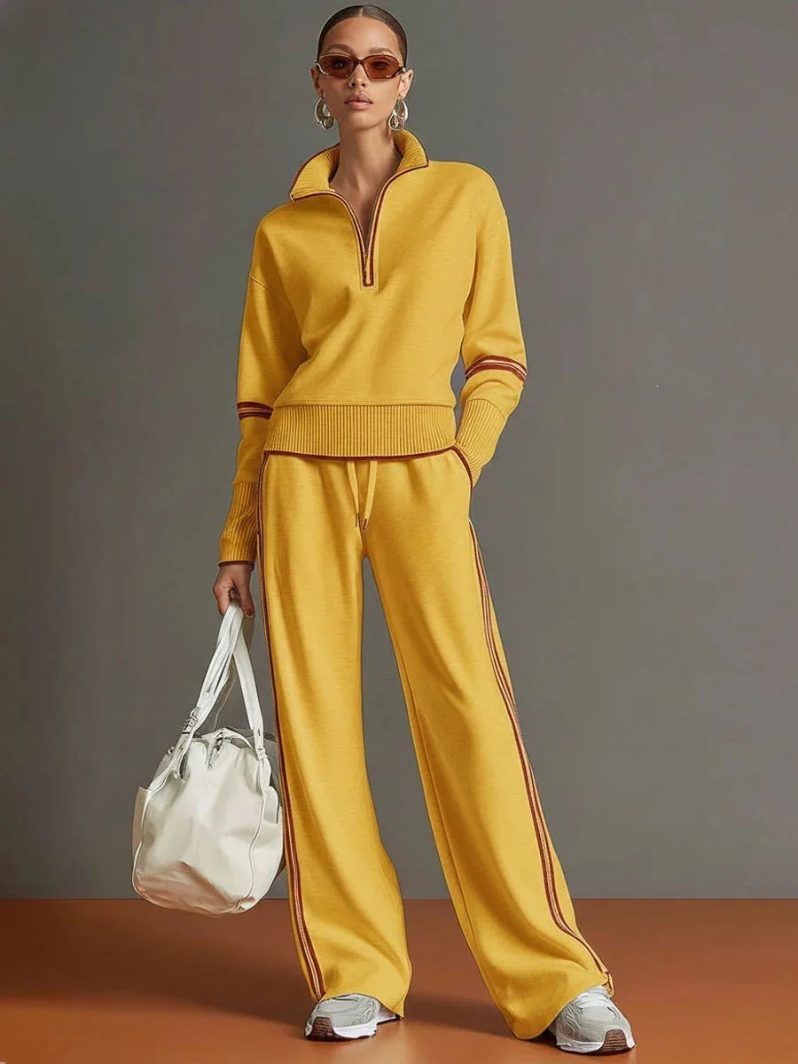 Women European Style Half Zip Knit 2 Piece Outfit Stand Collar Long Sleeve Sweater Drawstring Wide Leg Pants Matching Set Casual