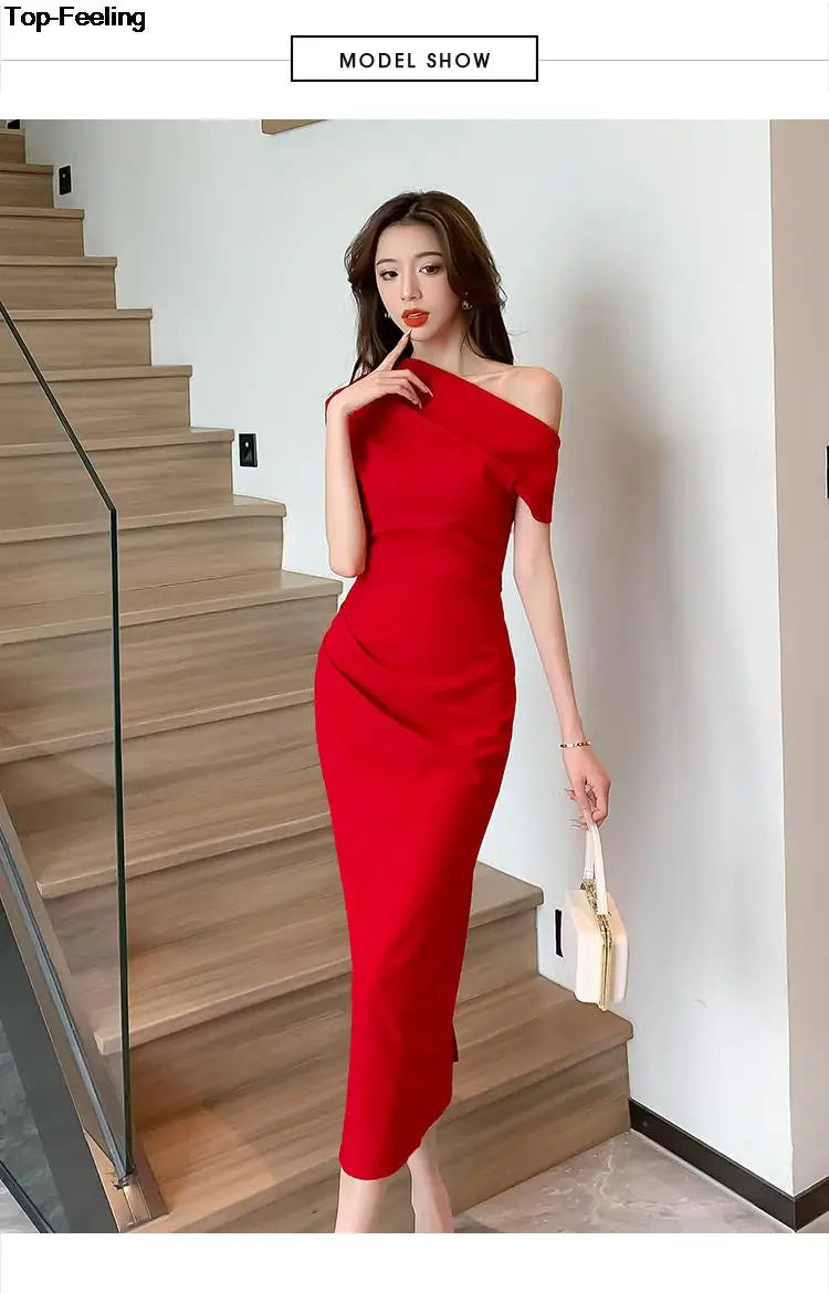 Elegant Off Shoulder Evening Party Dresses ONE SHOULDER DROP SHOULDER red