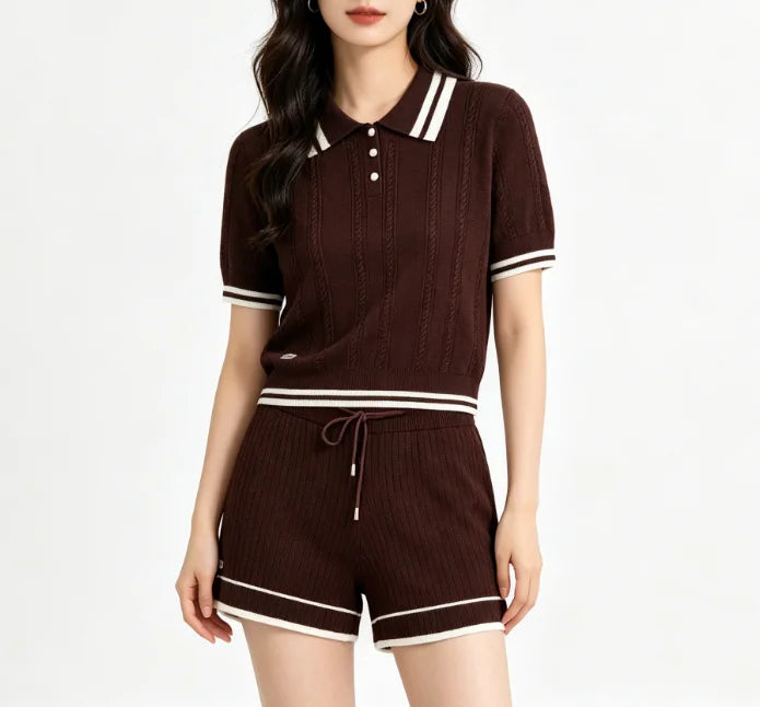 Summer 2026 Ice Silk Knitted  Collar Short Sleeve Shorts Set Women's Casual Loose Fit Striped Pattern Button Closure