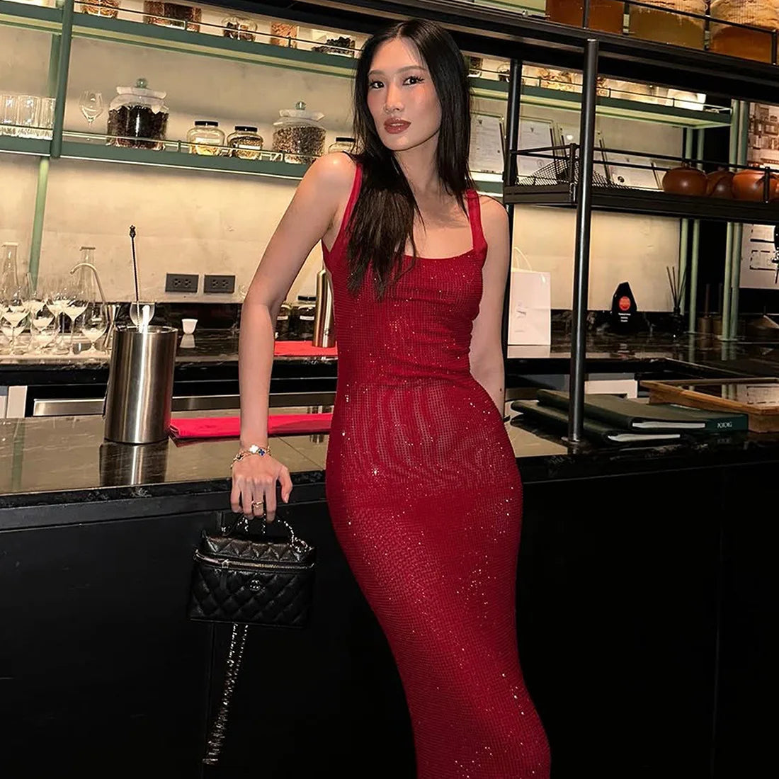 Christmas Backless Sequin Dress Women Sexy Sleeveless Low-Neck Stretch Skinny Elegant Fashion Party Club Maxi Bodycon