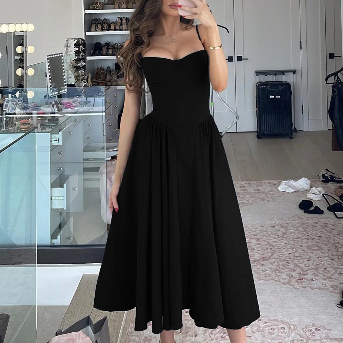Suninheart Spaghetti Strap Summer Party Dresses 2025 New Arrivals Fit and Flare Elegant Midi Dress Red Night Date Dress - Shellss