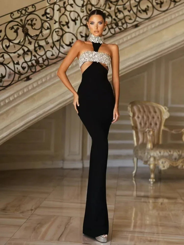 2025 Women Celebrity Sexy Halter Beading Crystal Black Maxi Long Bodycon Bandage Dress Elegant Evening Club Party Dress