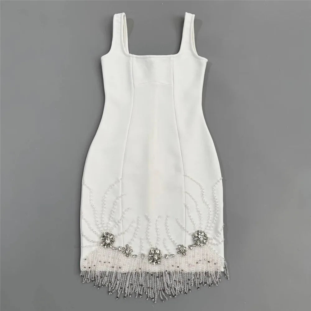 New sexy sleeveless diamond studded mid length dress, beaded tassel bandage dress, dance party dinner dress, short mini skirt