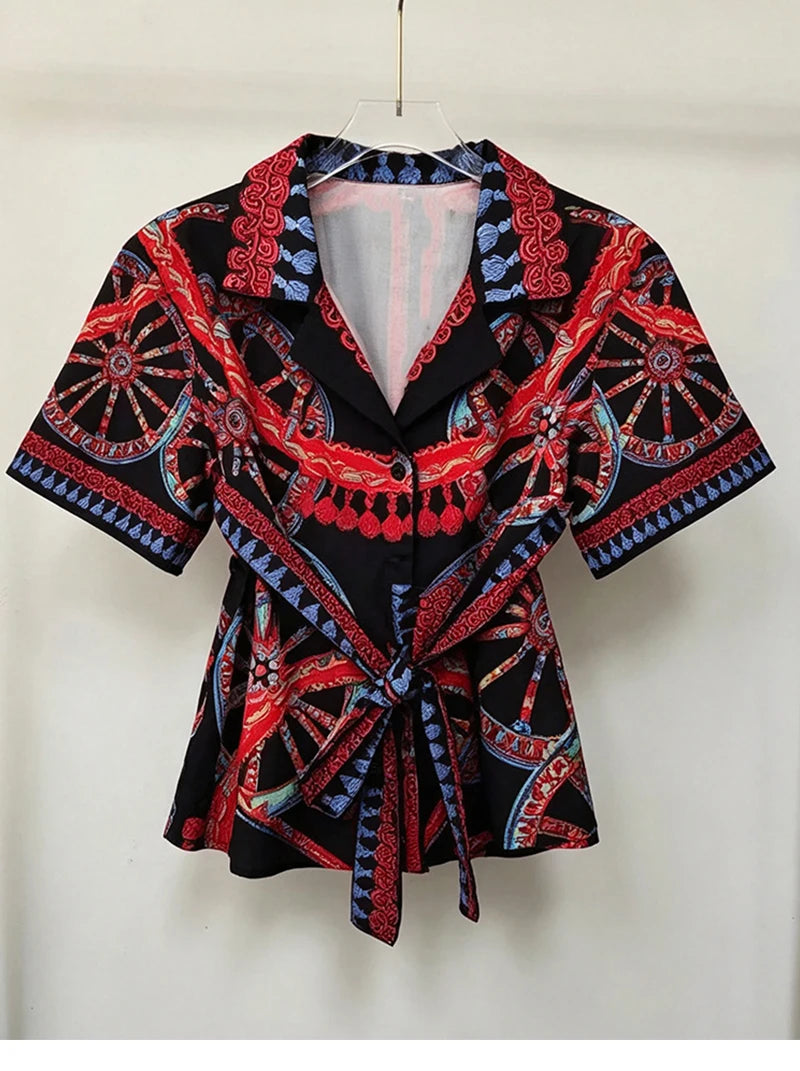 Elegant Retro Wheel Print Two-Piece Suit for Women Short Sleeve Lapel Lace-Up Shirt with Elastic Waist Shorts Summer Fashion - Shellss