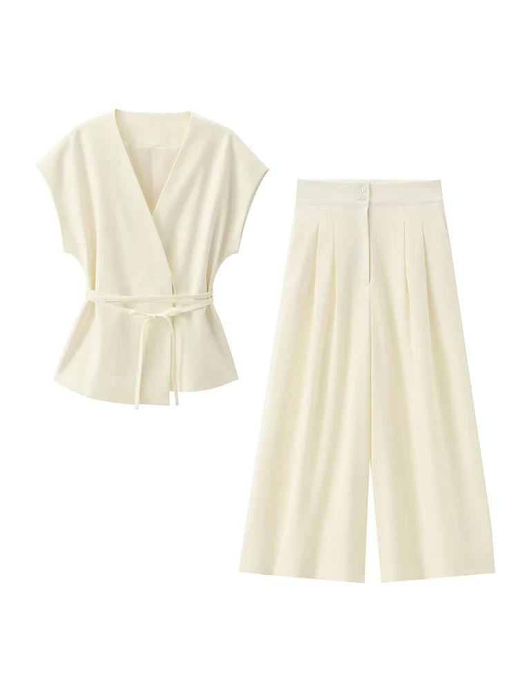 V-Neck Wrap Belted Pants Sets