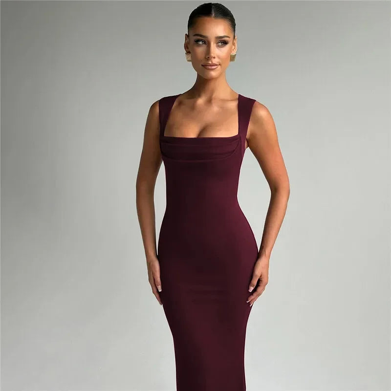 Square Collar Sleeveless Sexy Maxi Dress For Woman Fashion Spring Summer New High Waist Bodycon Club Party Long Dress - Shellss