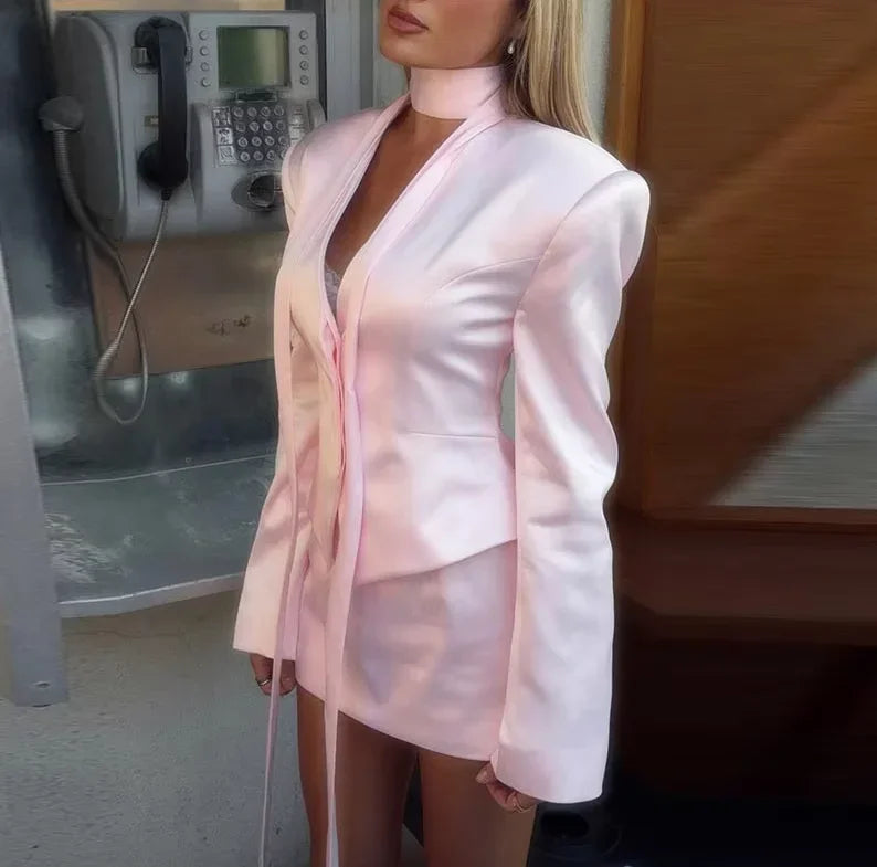 Solid Cropped Satin Blazer & Skirt Set