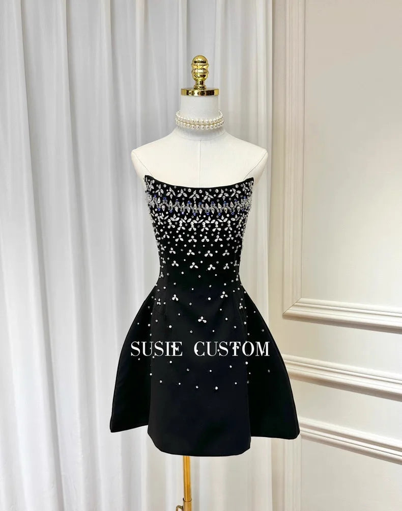 Fishbone Design Diamond Decorated A-Line Gown Heavy Embellishment Strapless Ball Gown Skirt Flounce Summer Dress