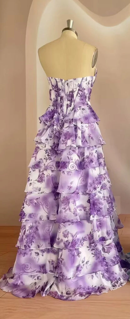 Strapless Evening Dresses Floral Tiered Ruffle