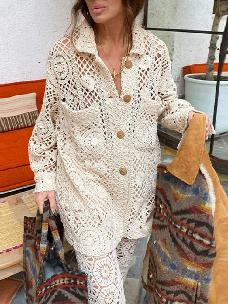 Loose Lace Crochet Shirt - HIgh end