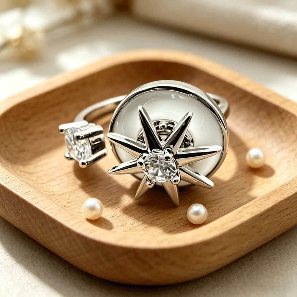 Two-Tone Gold Silver Tone Rotatable Starburst Enamel CZ Adjustable Ring Women Luxe Wedding Sparkling Elegant Daily Wear Jewelry