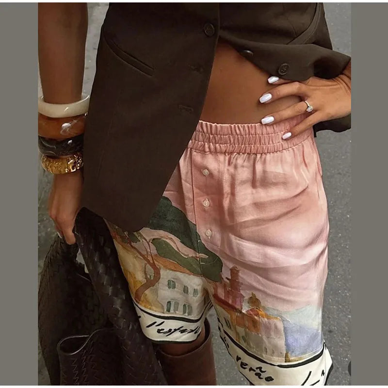 Fashion Printed 2 Piece Set Loose Lapel Button Long Sleeved Shirt Elastic Waist Shorts Suit 2025 Summer Autumn Beach Lady Set