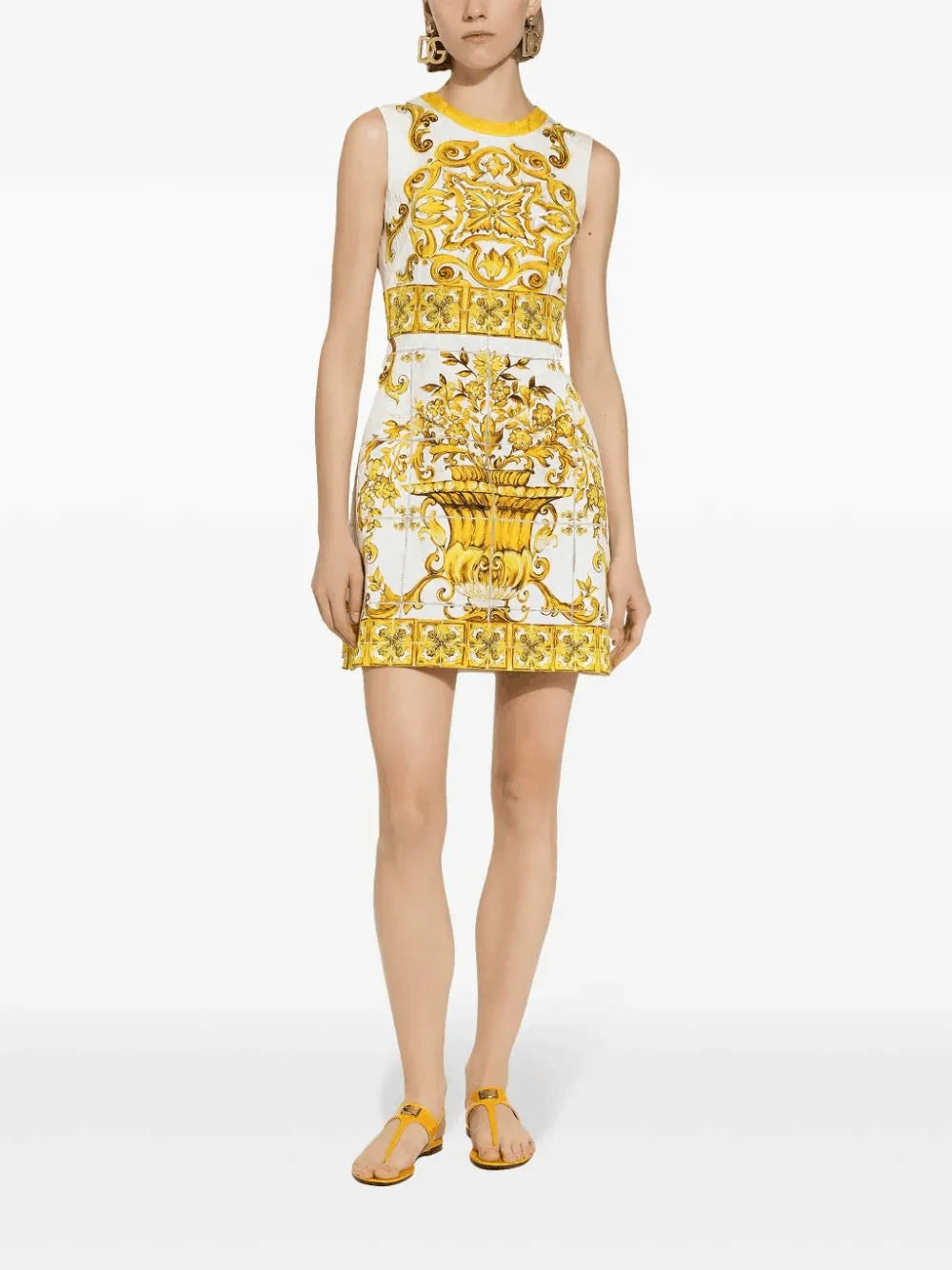 Street Style Floral Print  Dress Waist Cinched Sleeveless round Neck Vest Dress Yellow Porcelain Pattern Summer New Arrival - Shellss