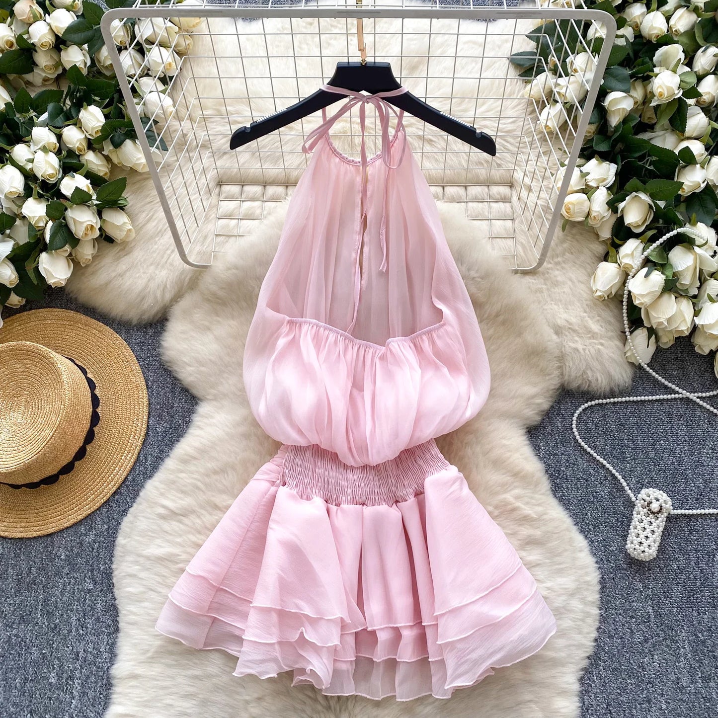 Chiffon Pearl Halter Mini Dress