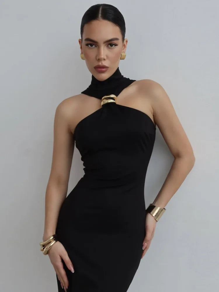 Gold ring twisted neck bodycon dress