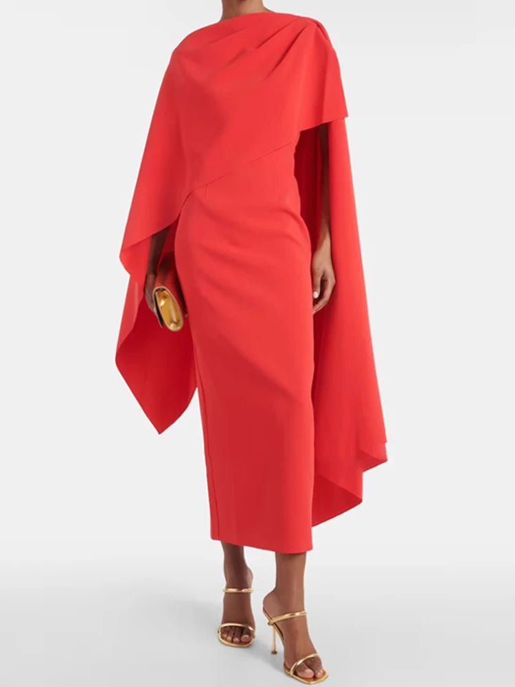 Elegant Red Dress Cape Sleeve Asymmetrical