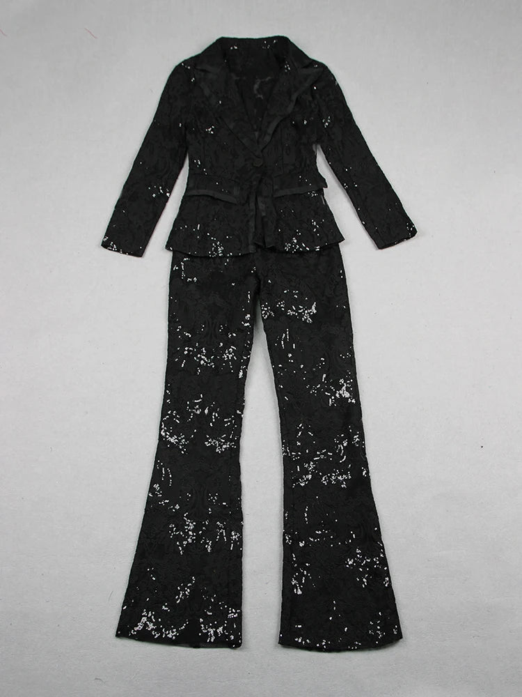 HIGH STREET Newest 2024 Designer Runway Suit Set Women's Single Button Guipure Lace Blazer  Flare Pants Set