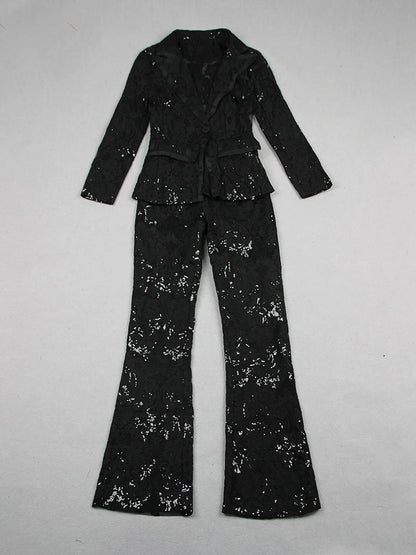 HIGH STREET Newest 2024 Designer Runway Suit Set Women's Single Button Guipure Lace Blazer  Flare Pants Set