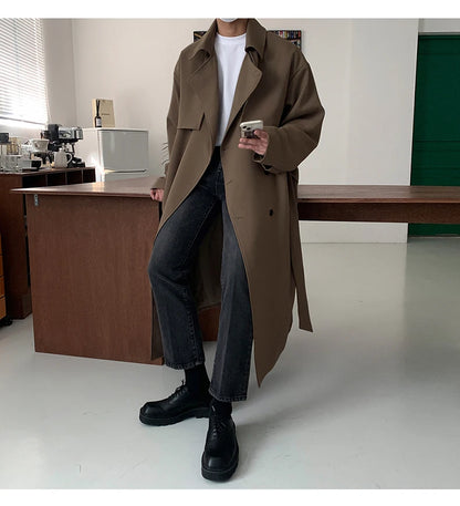 Trench Men Coat British Style Solid Double Breasted Oversize Leisure Long Coats