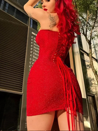 Red Bodycon High Waist Mini Dress Women Fashion Strapless Sleeveless Back Drawstring Gown 2024 Lady Party Club Wear