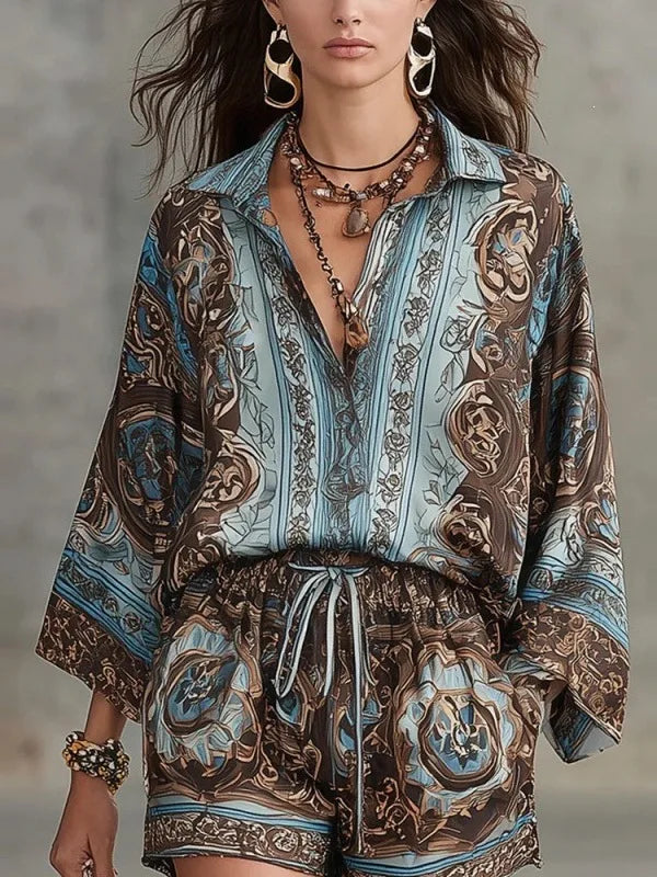 Floral Print Long Sleeve Shirt Shorts Set Women's High Waist Short Pants Outfit Casual Sportswear Two-Piece Set Polyester Fabric - Shellss