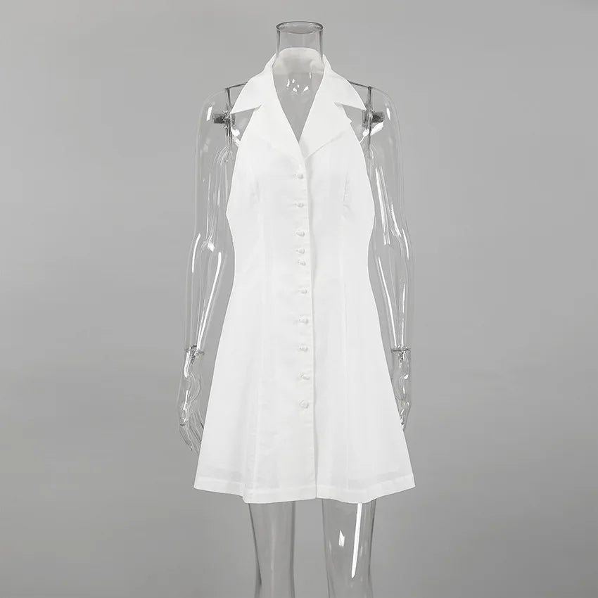 2026 Summer New White Halter Neck V Neck Sleeveless Backless Waist Cinching A Line Short Dress Multi Color Optional